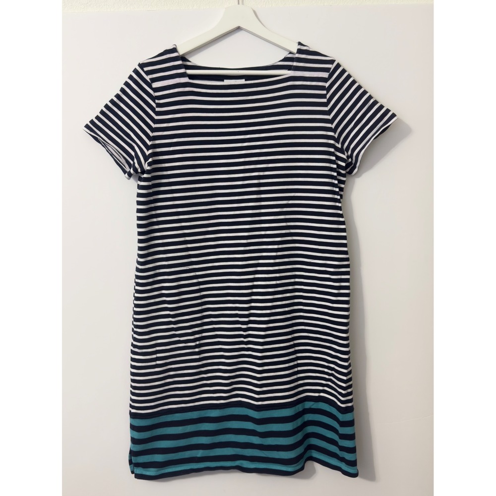 J. Jill Striped T-Shirt Dress Women M Navy White Teal Cotton Pockets Coastal